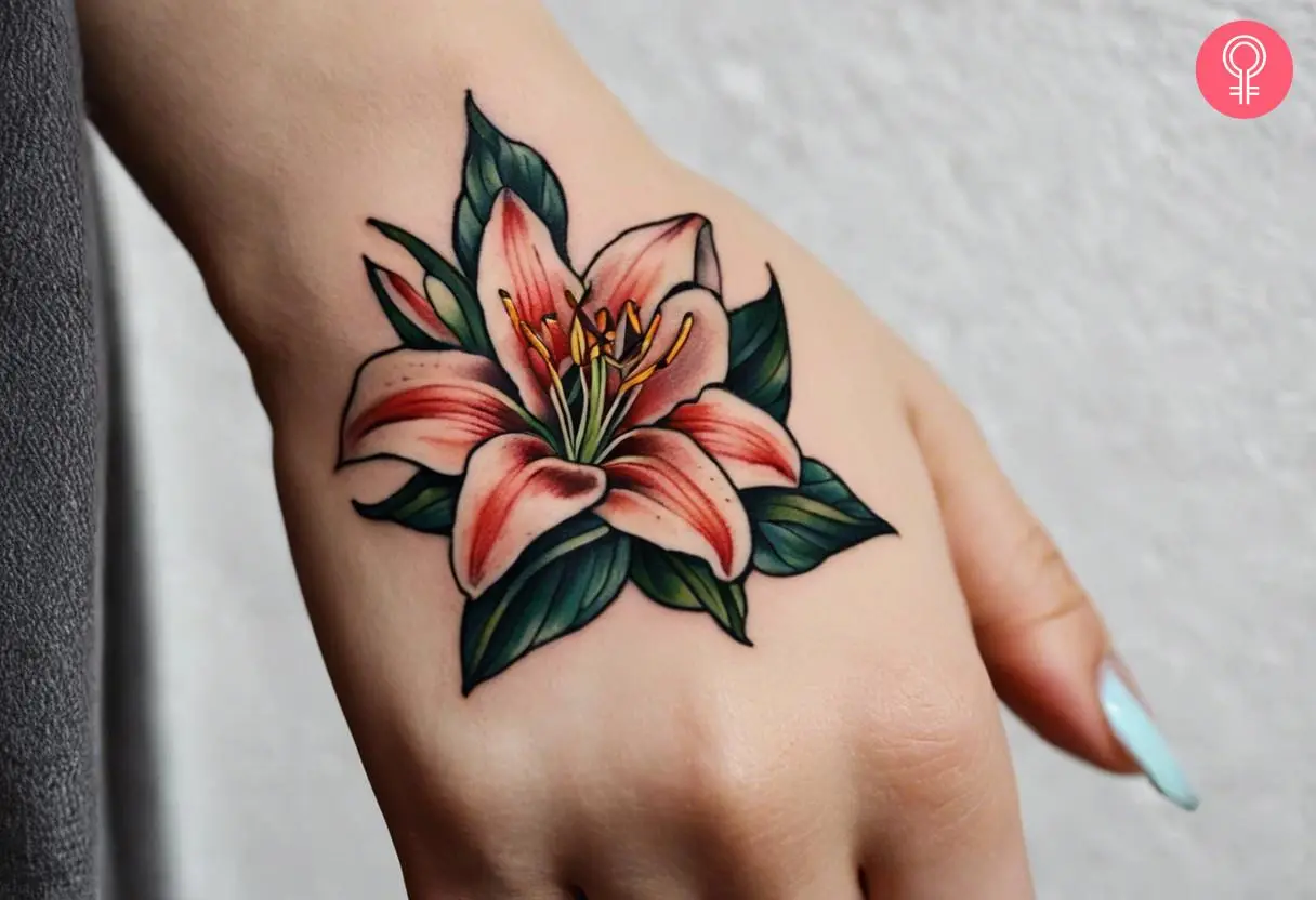 A lily flower tattoo on the back of the hand