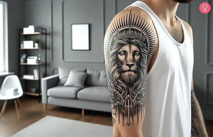 A lion of the tribe of Judah tattoo on the upper arm