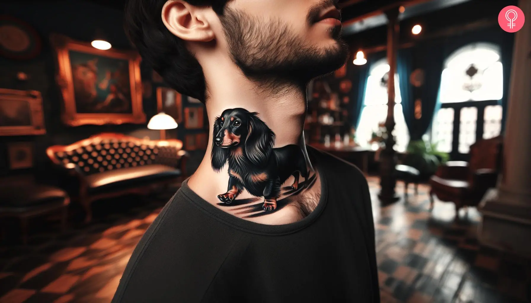 A long haired dachshund tattoo on the neck of a man