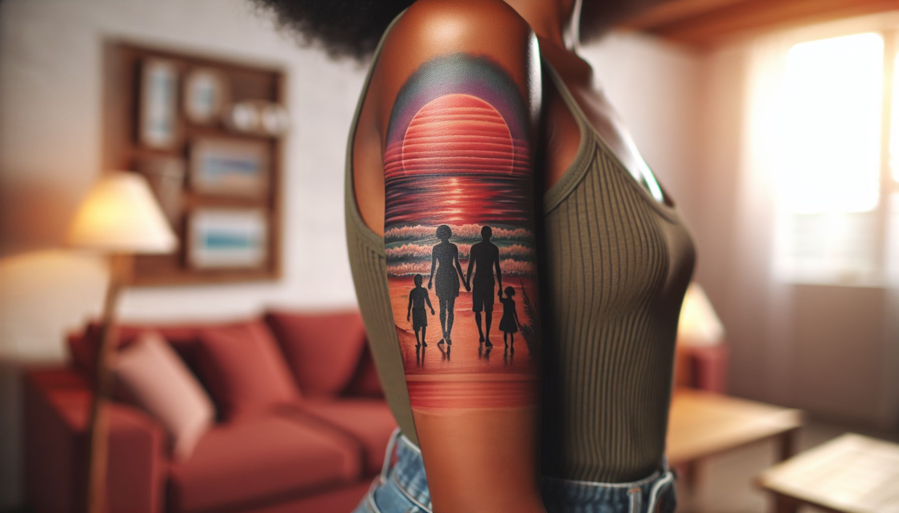 A lovely family silhouette beach sunset tattoo on upper arm