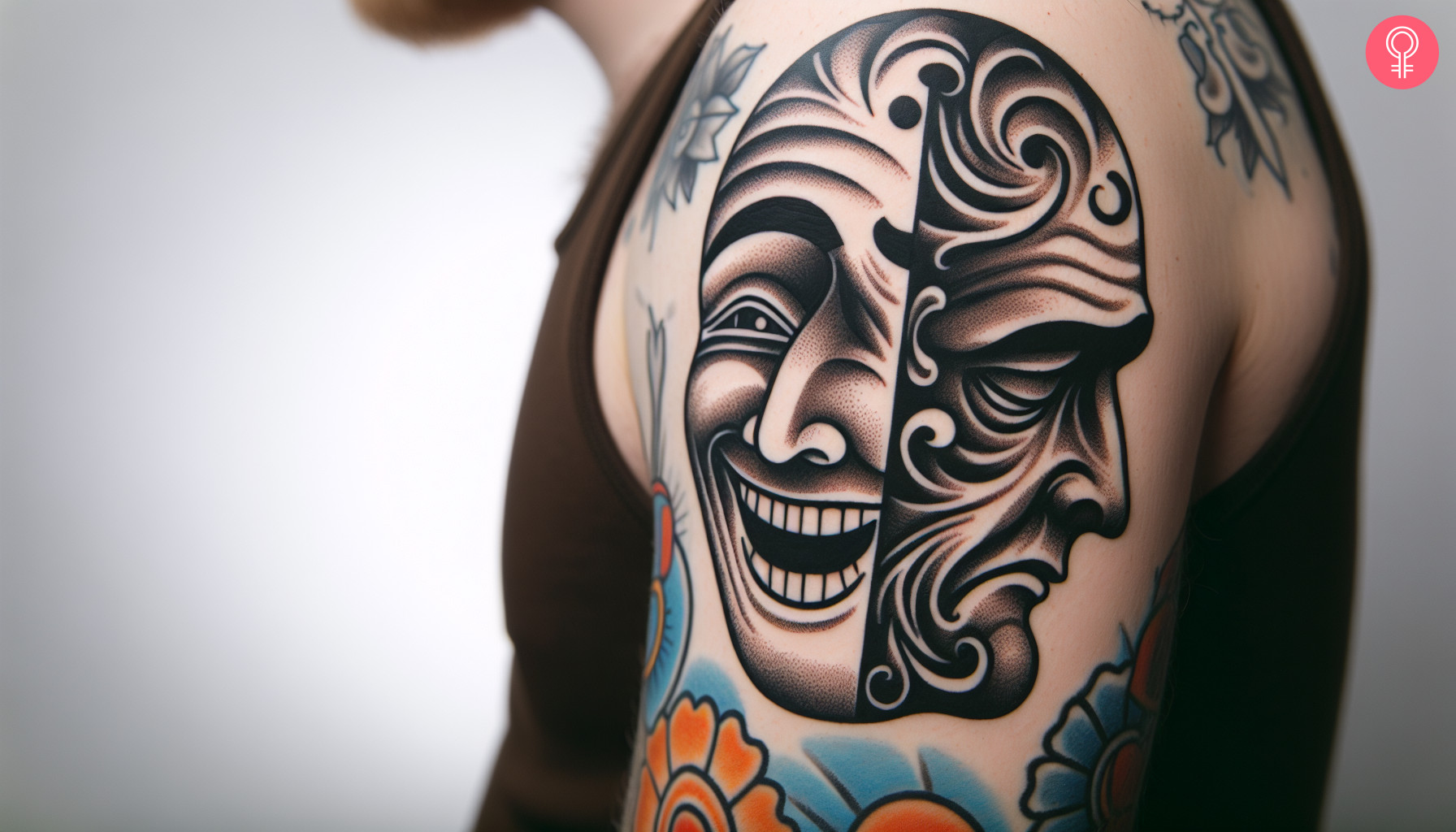 A man flaunting the Melpomene and Thalia tattoo on his upper arm