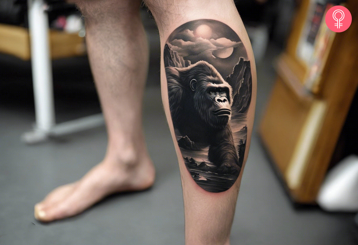 A man wearing a King Kong leg tattoo