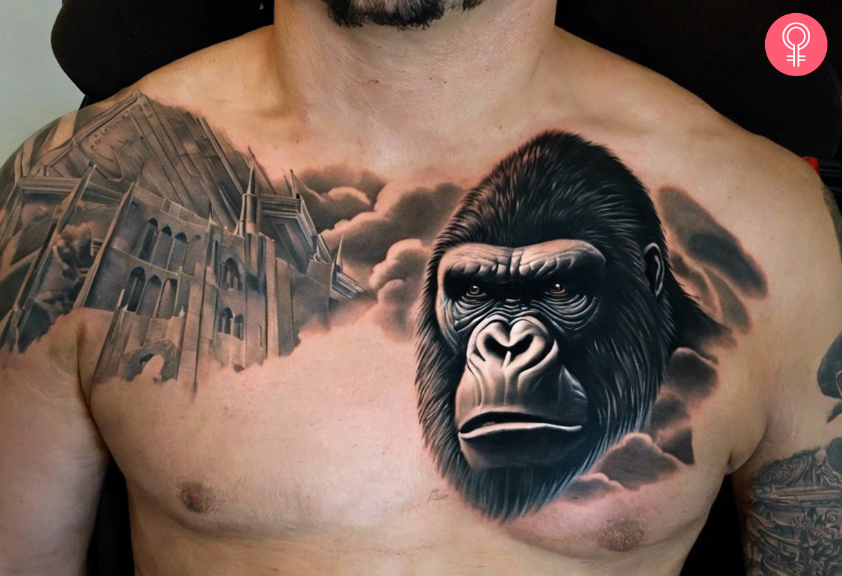 A man wearing a King Kong tattoo on his chest