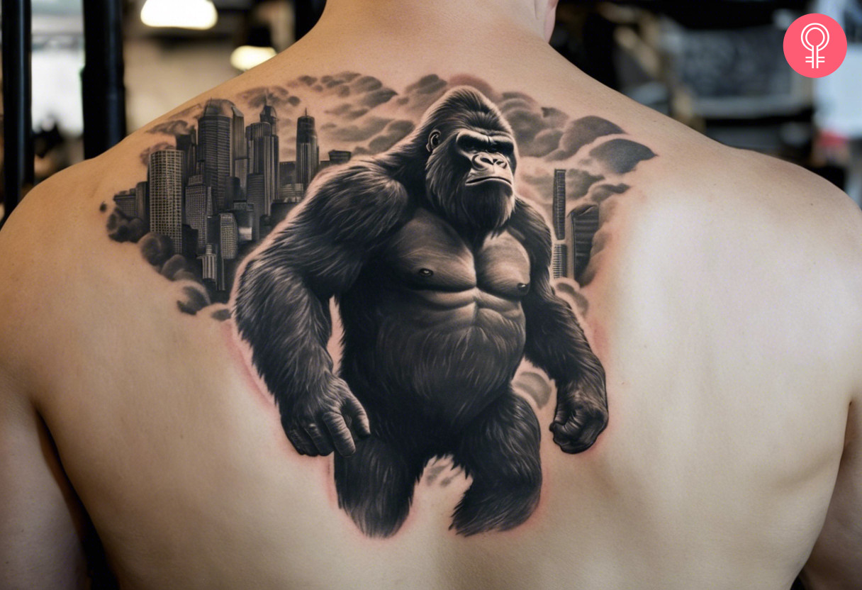 A man wearing a King Kong tattoo on the back