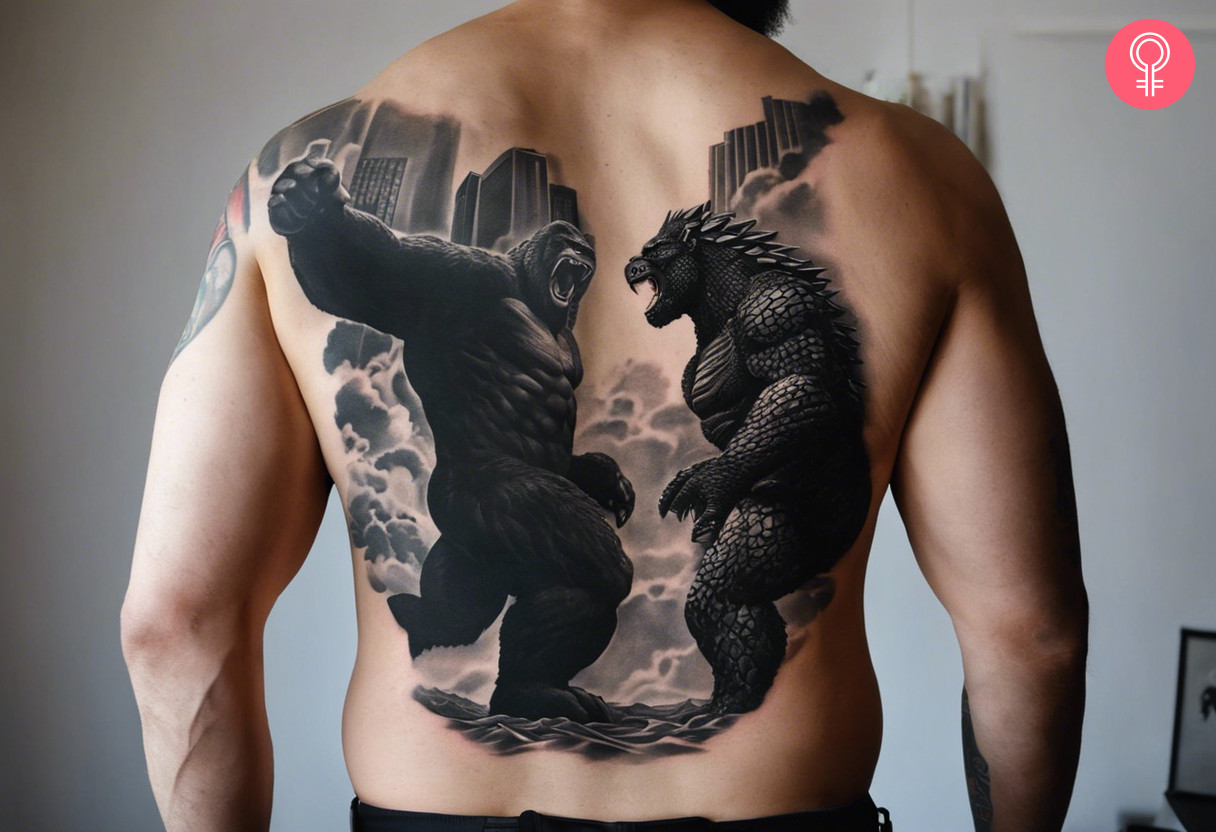 A man wearing a King Kong vs Godzilla tattoo on the back