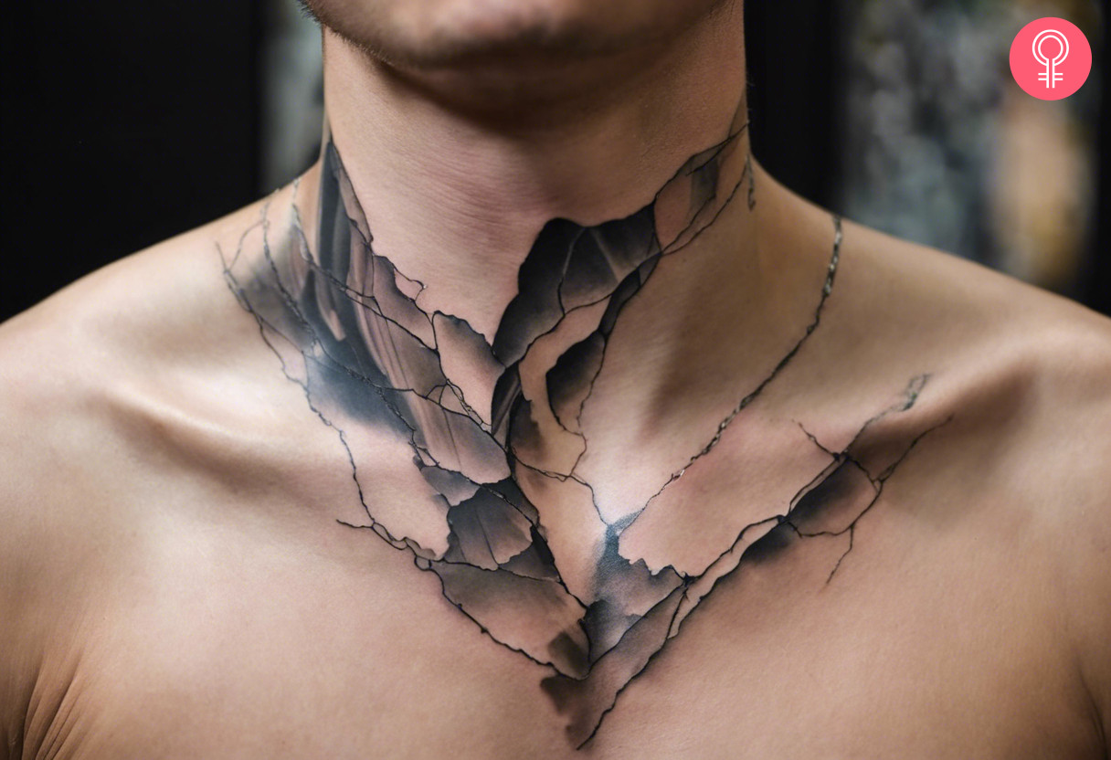 A man wearing a cracked marble tattoo on the neck.