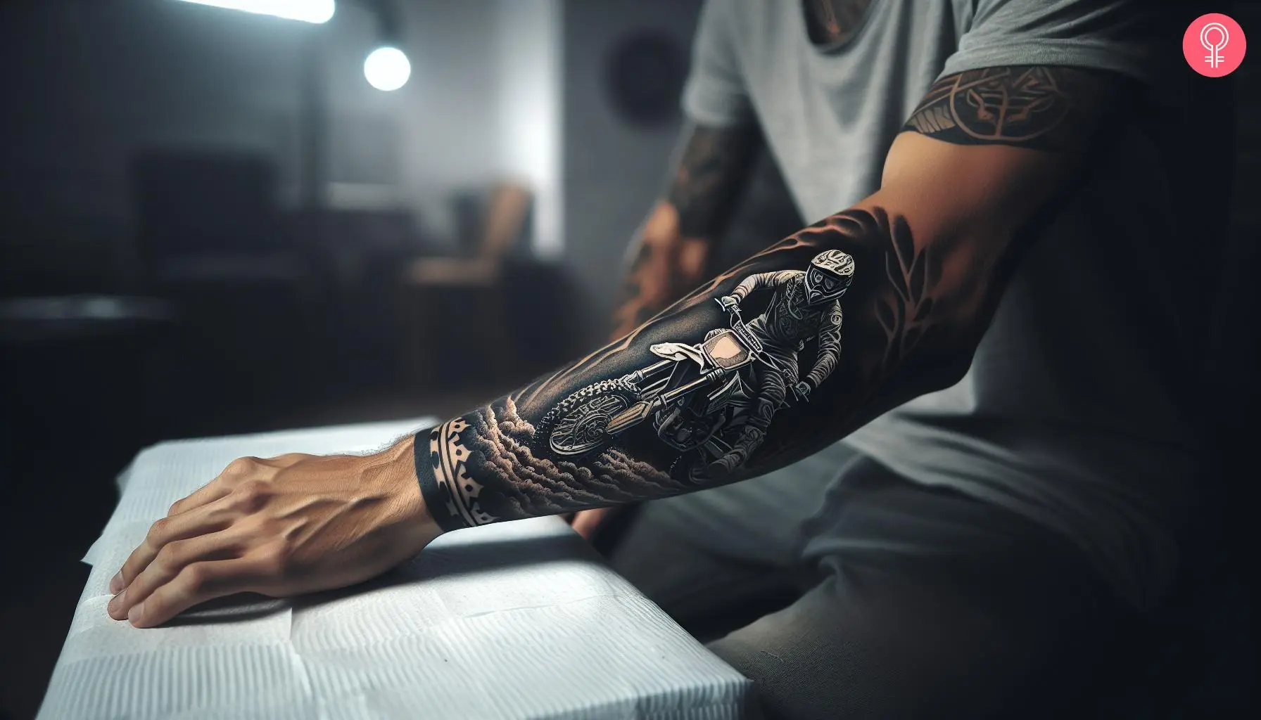 A man wearing a forearm motocross racer tattoo