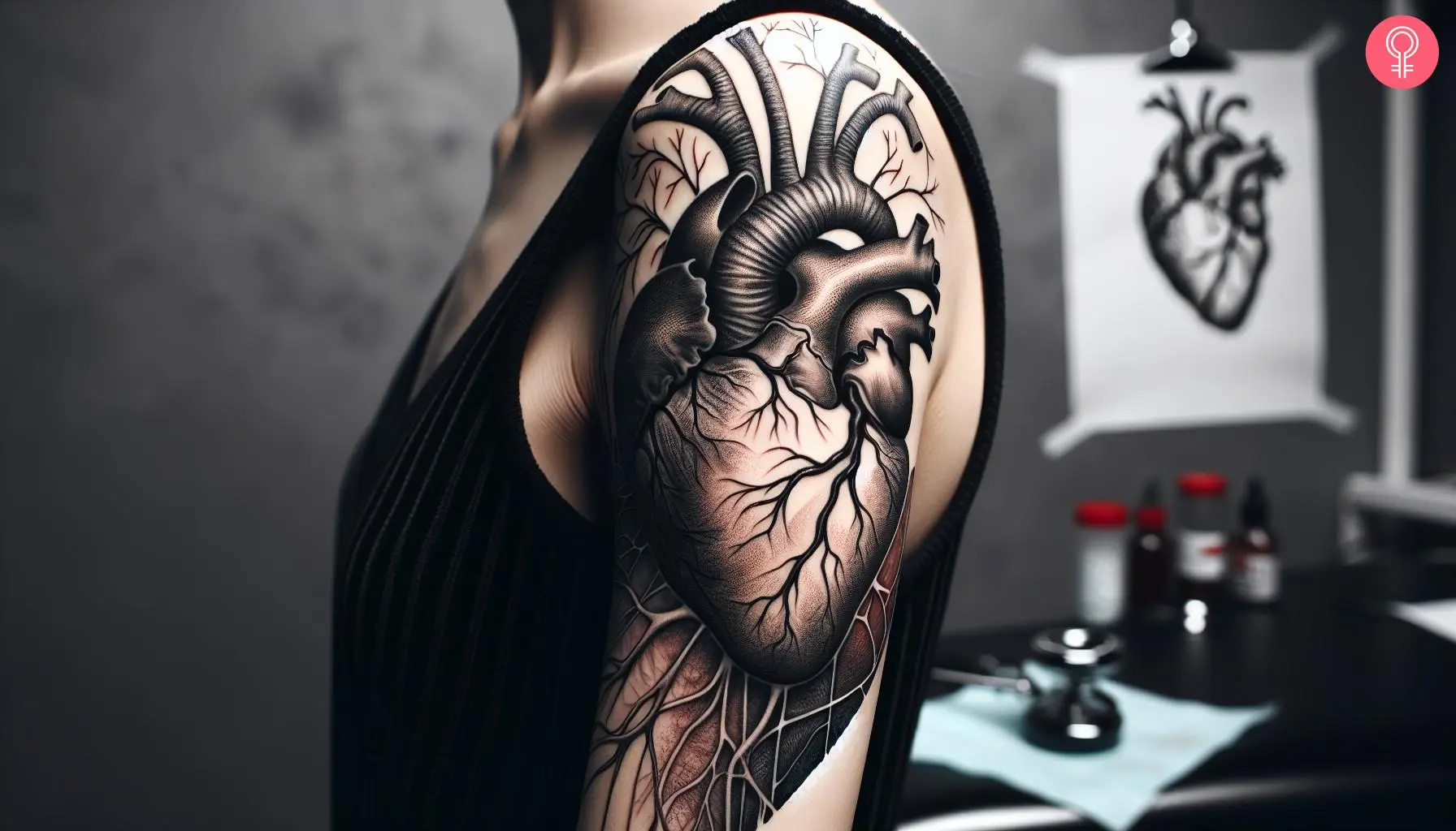 A man wearing a heart anatomy tattoo on the upper arm