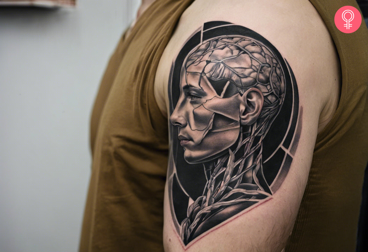 A man wearing a human anatomy tattoo on the upper arm