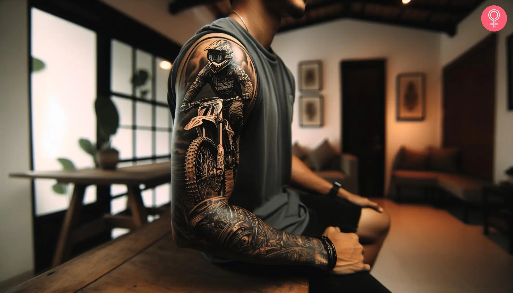 A man wearing a large sleeve tattoo of a motocross racer