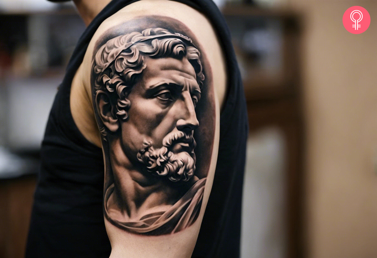 A man wearing a marble bust tattoo on the upper arm