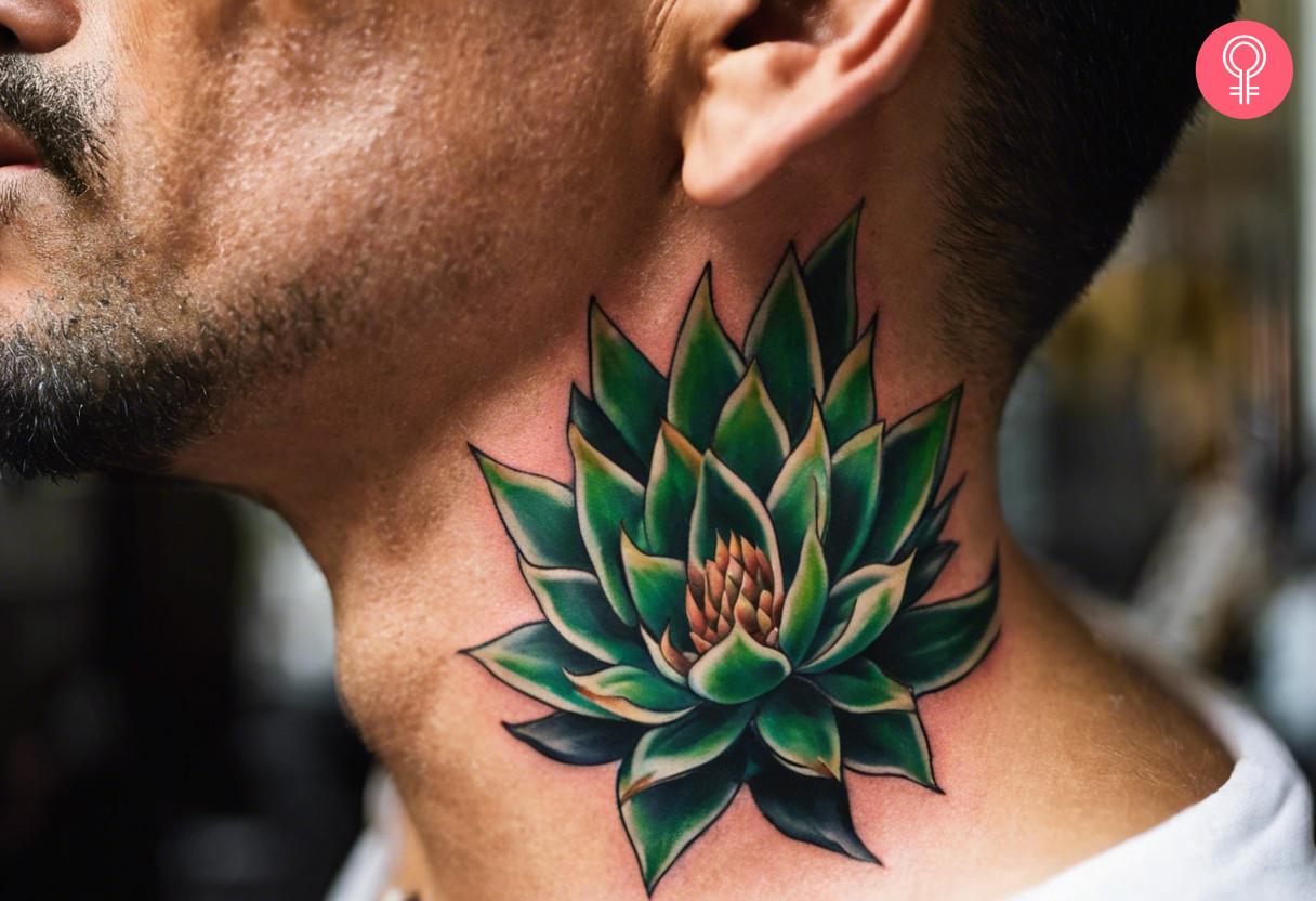 A man wearing a traditional agave tattoo on the neck.