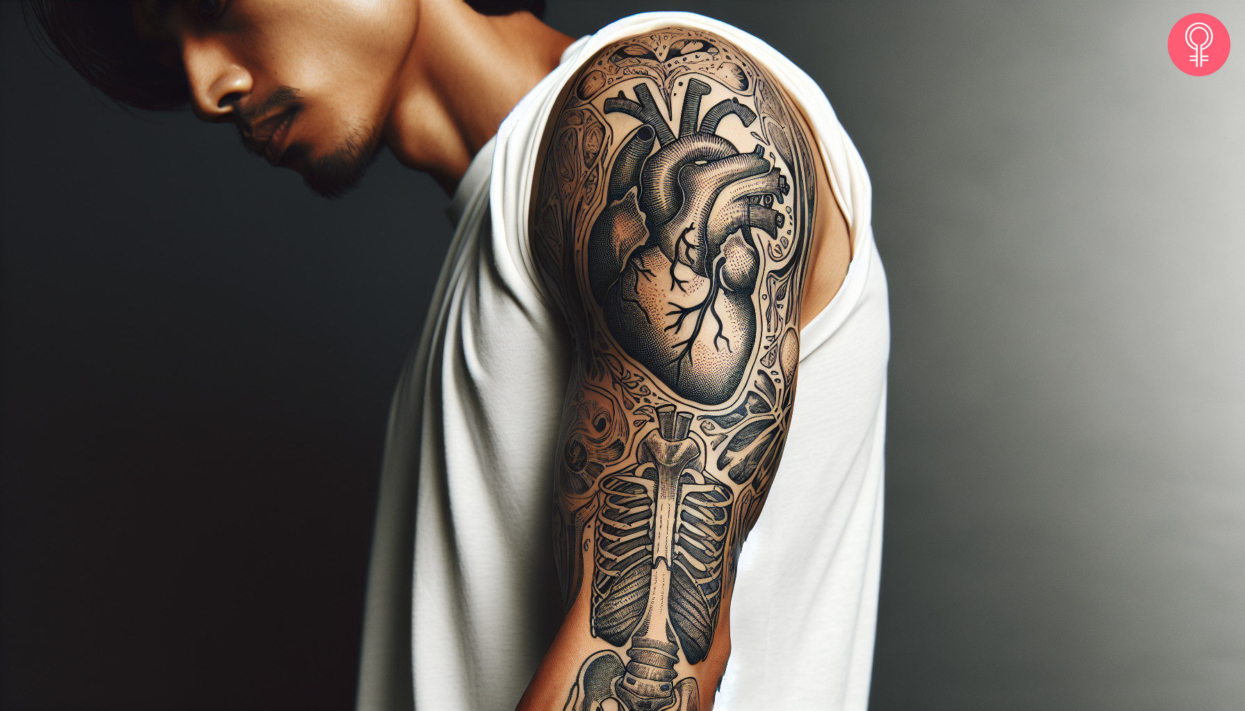 A man wearing a vintage anatomy tattoo on the upper arm