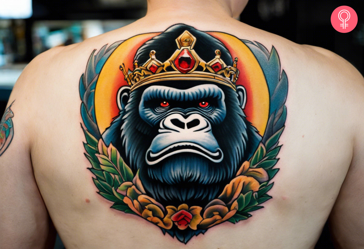 A man wearing an American traditional King Kong tattoo