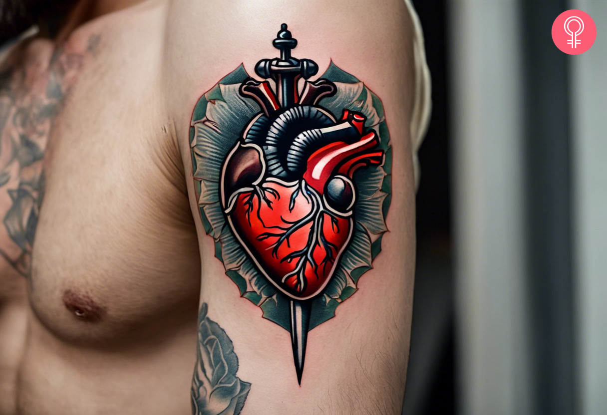 A man wearing an anatomical heart with a dagger tattoo on the upper arm.