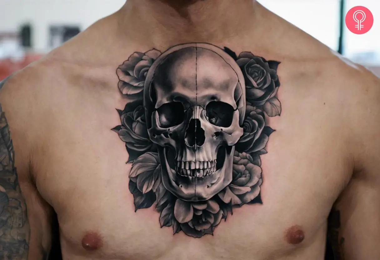 A man wearing anatomical skull tattoo on the chest