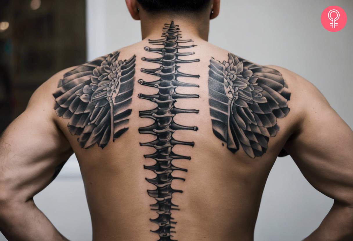 A man wearing anatomical spine tattoo on the back