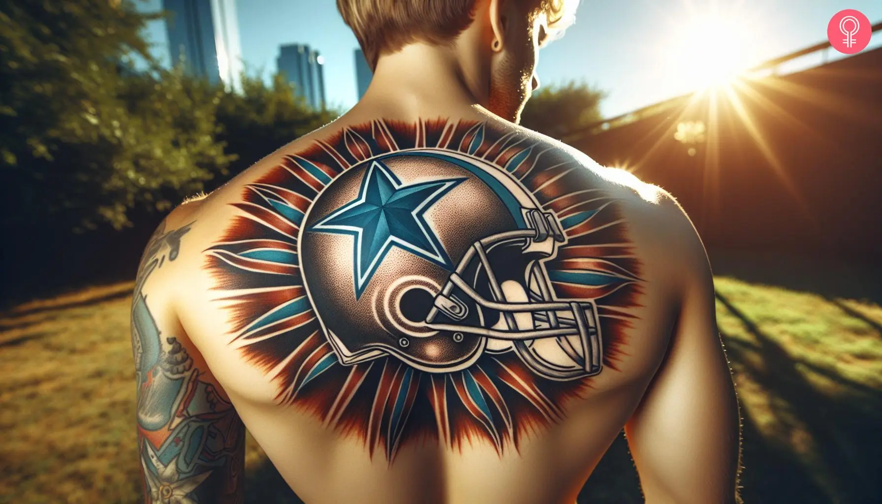 A man with a Dallas Cowboys helmet tattoo on the upper back