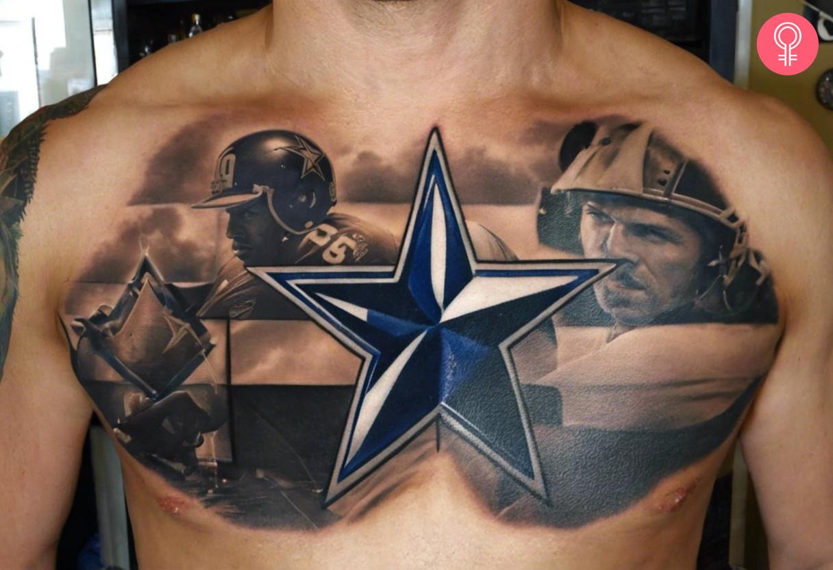 A man with a Dallas Cowboys tattoo on his chest