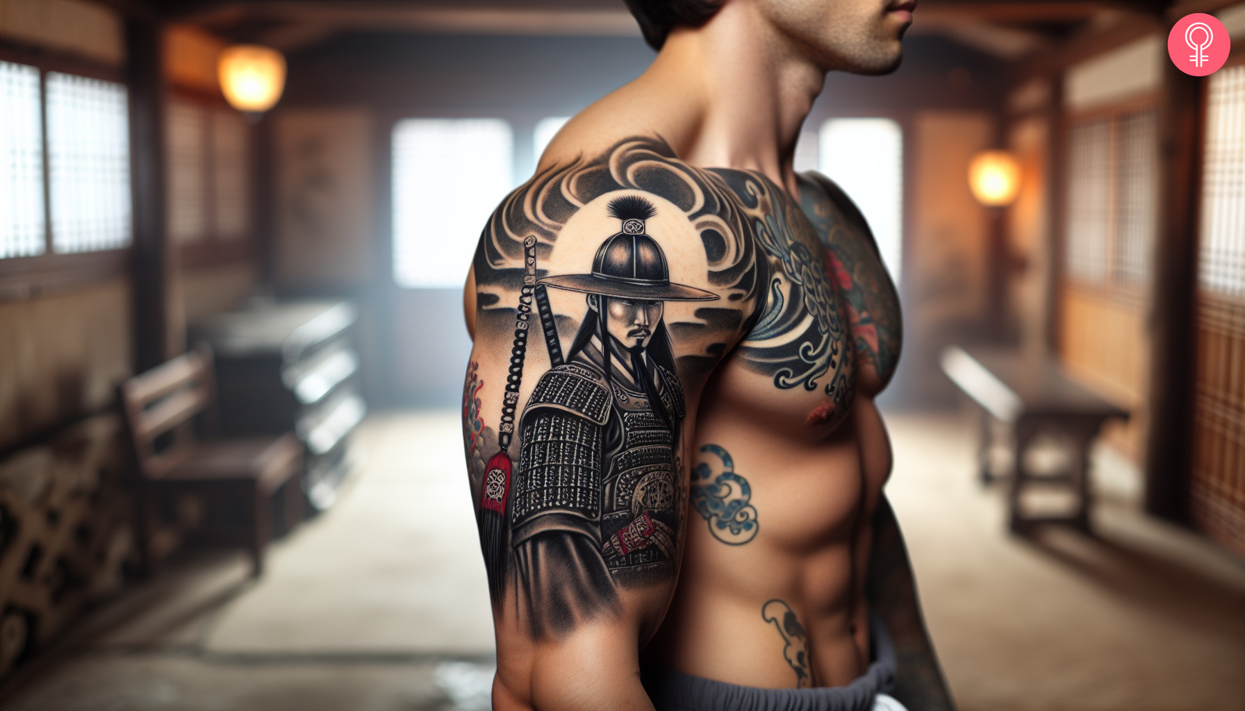 A man with a Korean warrior tattoo on his upper arm