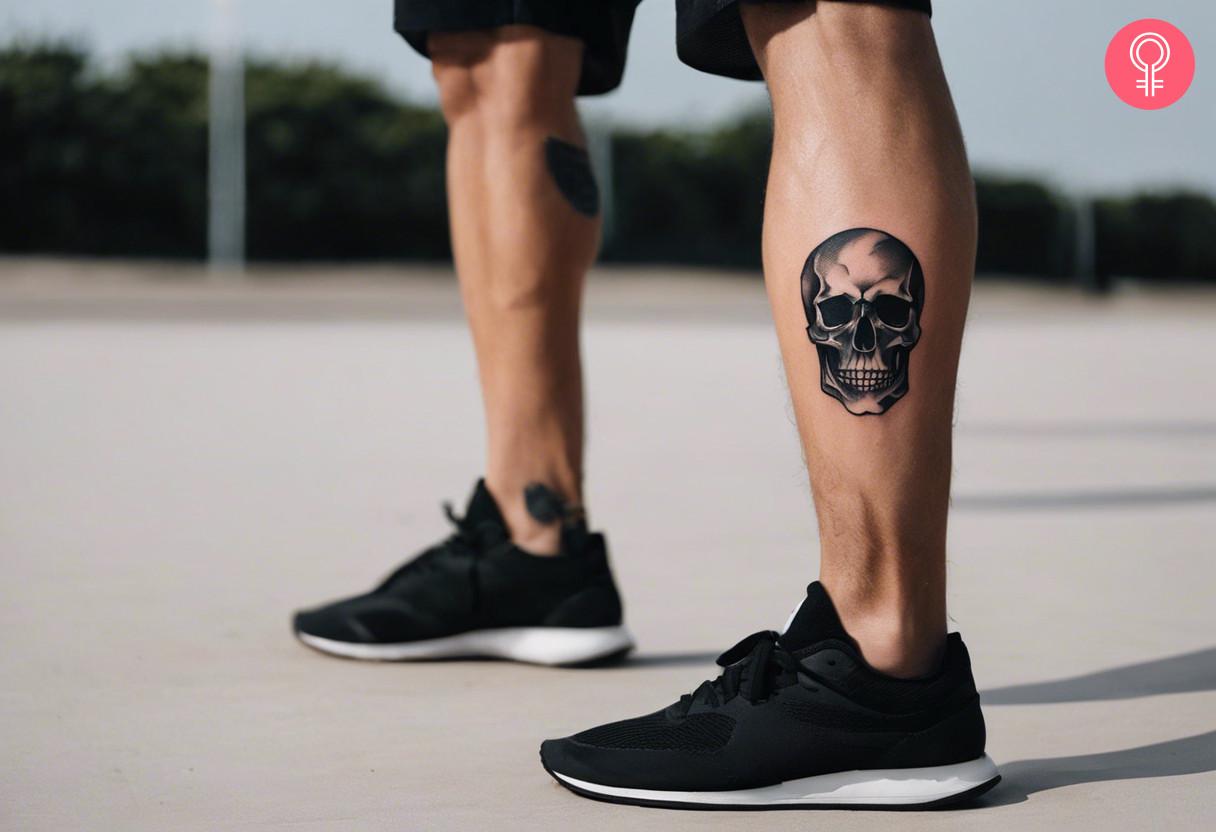 A man with a black skull on his calf