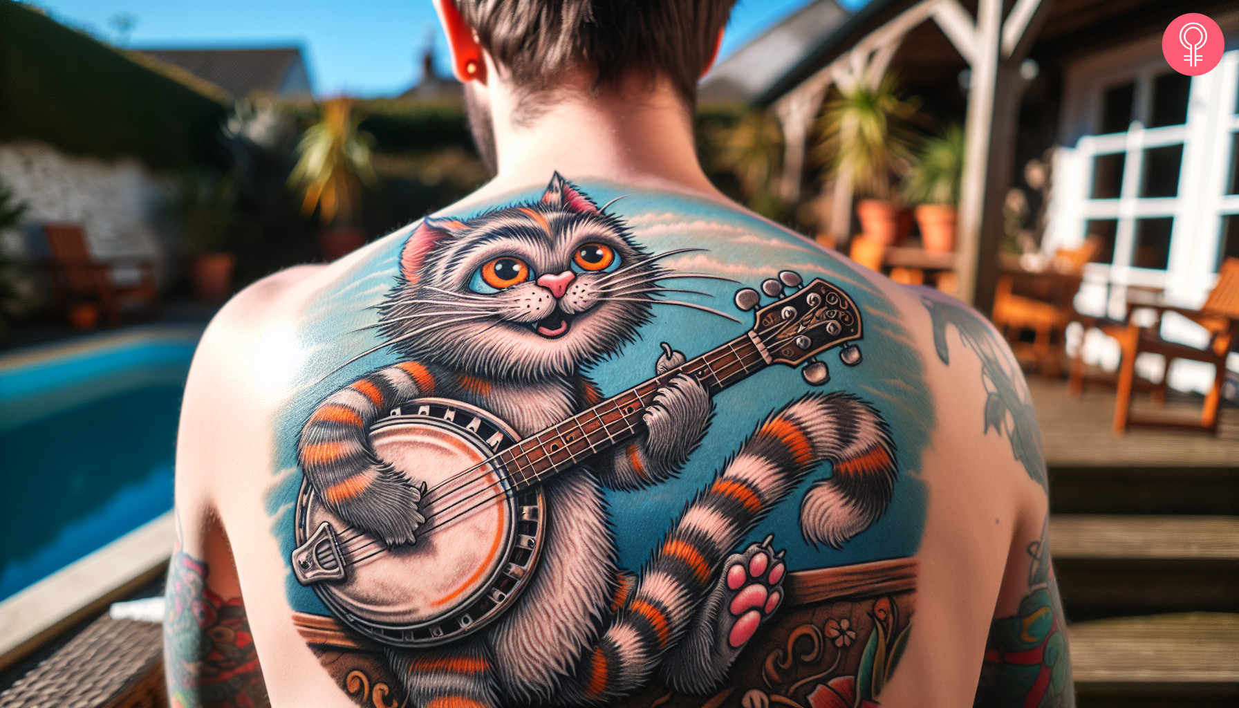 A man with a cat playing banjo tattoo inked on his back