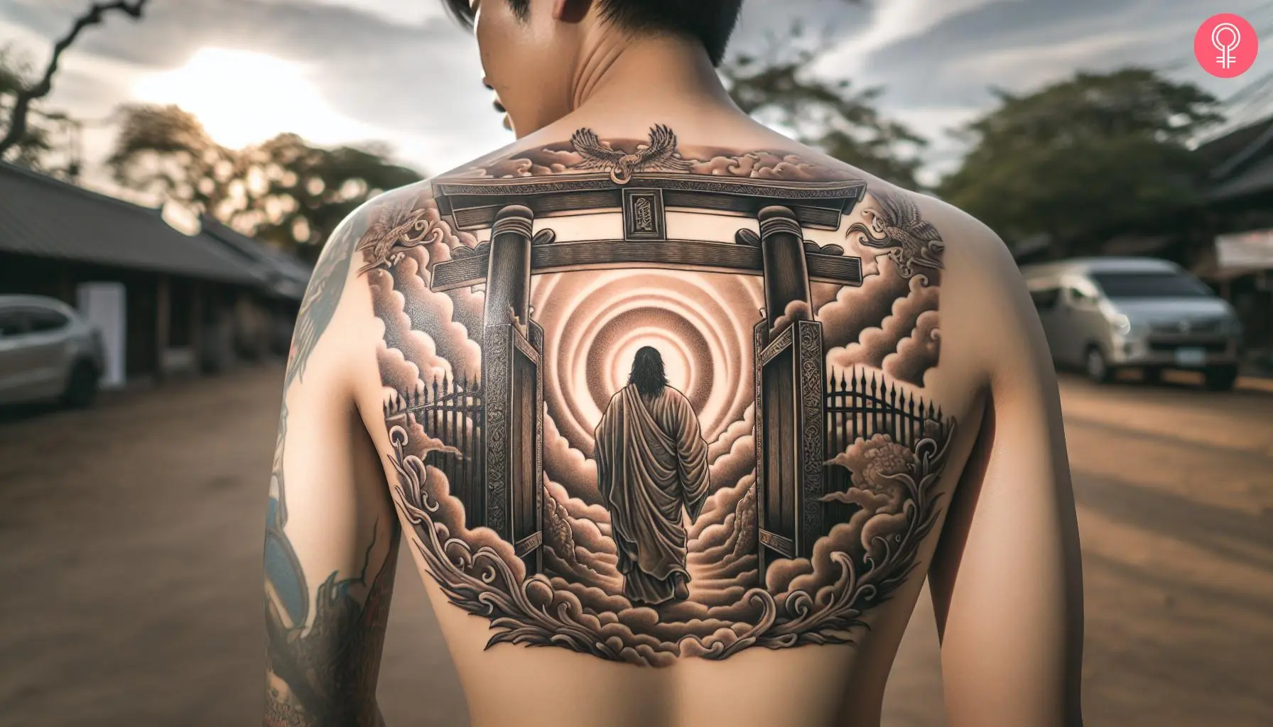 A man with a gates of heaven tattoo on his back