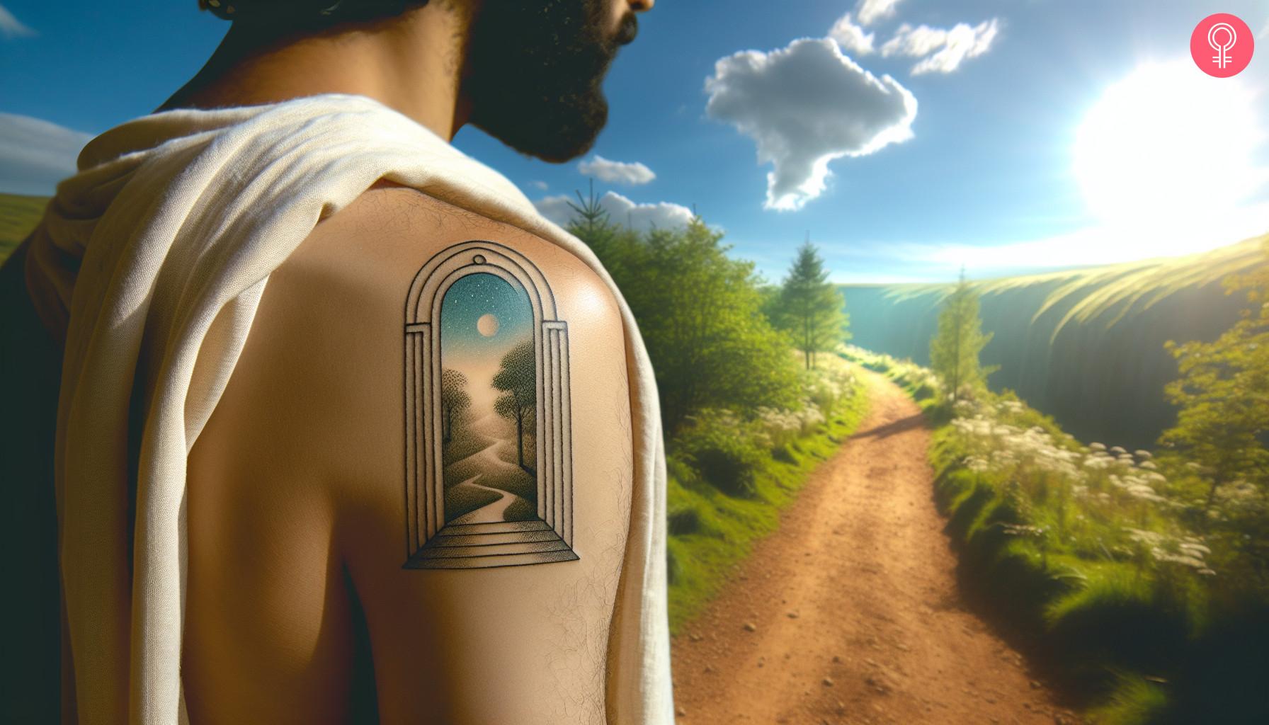 A man with a tattoo of the gates of heaven on his shoulder