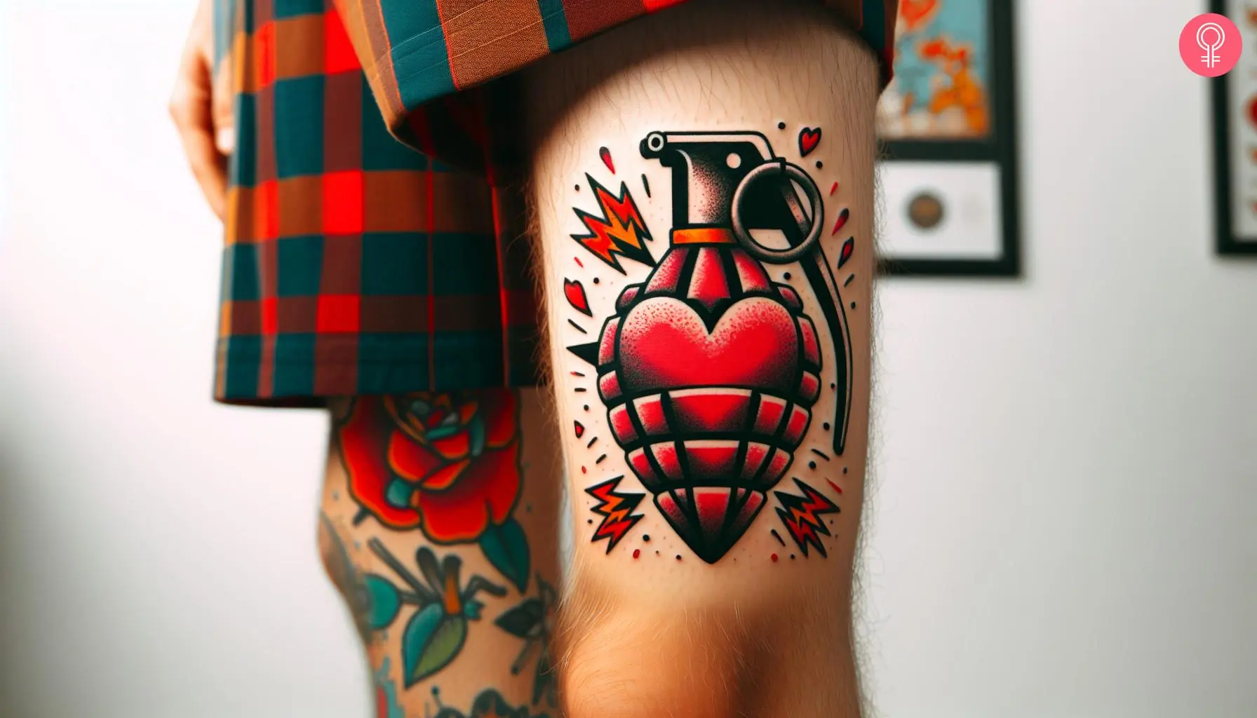 A man with a heart grenade tattoo on his thigh