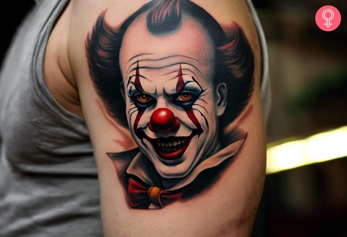 A man with a horror clown tattoo on his upper arm