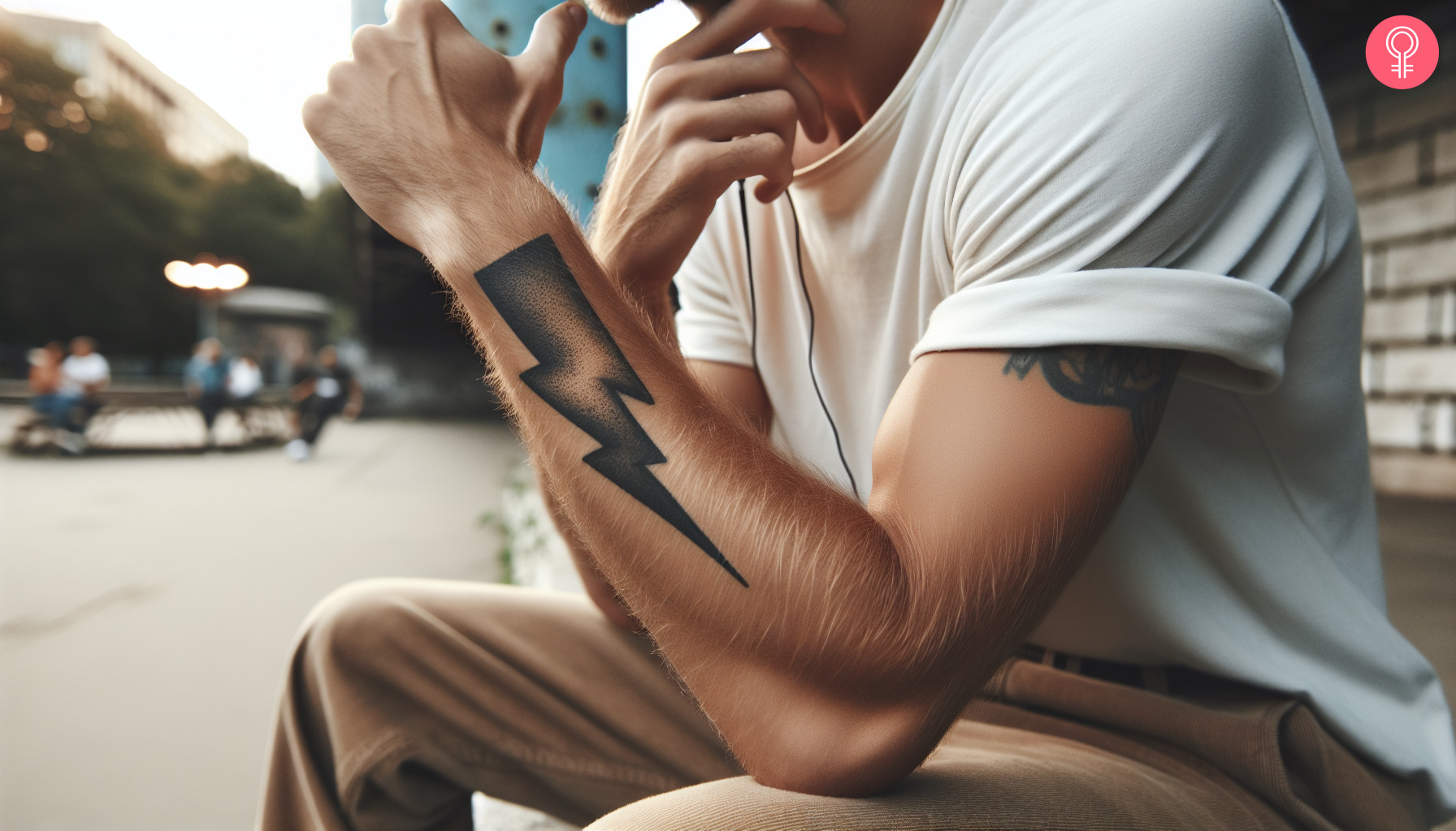 A man with a lightning bolt intuition tattoo on his forearm