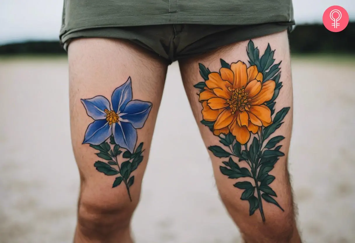 A man with a marigold tattoo and a larkspur tattoo on each of his thighs