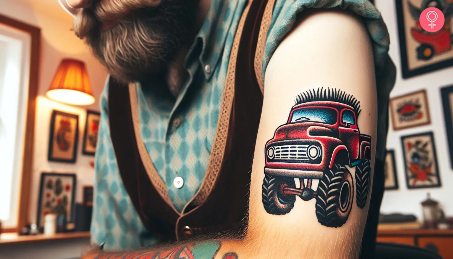 A man with a monster truck tattoo on his upper arm