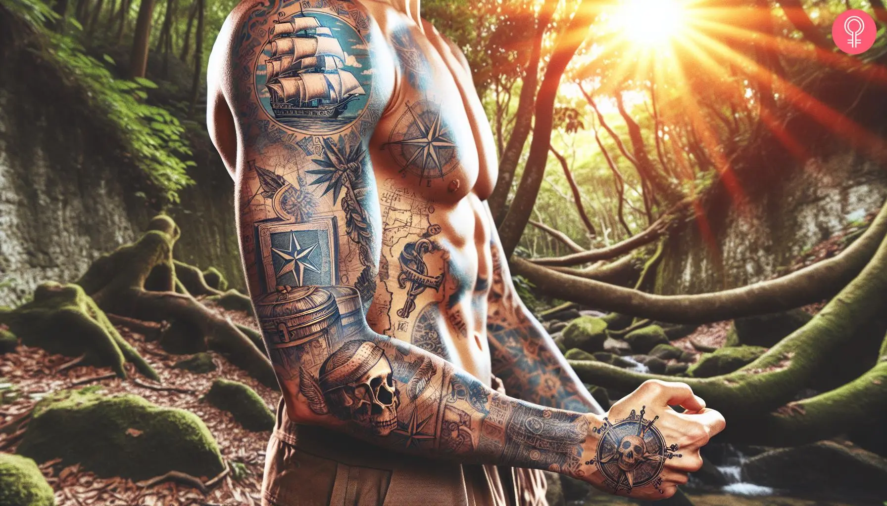 A man with a pirates of the caribbean tattoo sleeve