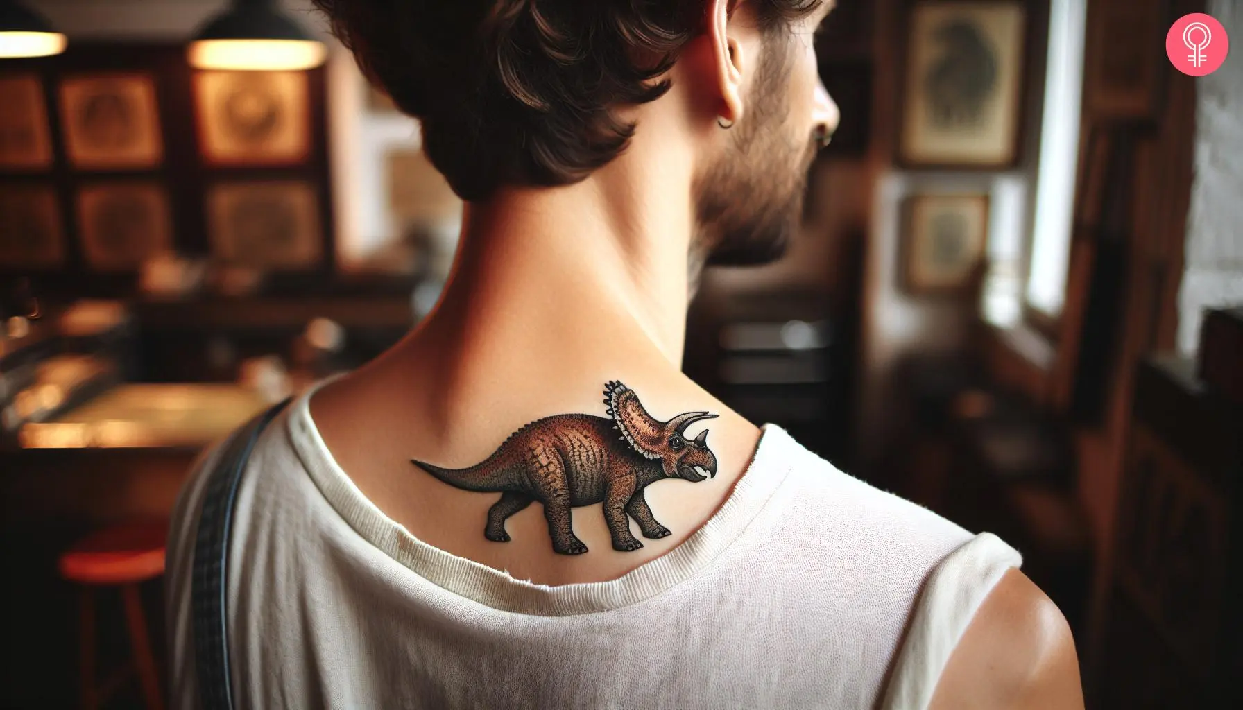 A man with a realistic triceratops tattoo on his shoulder