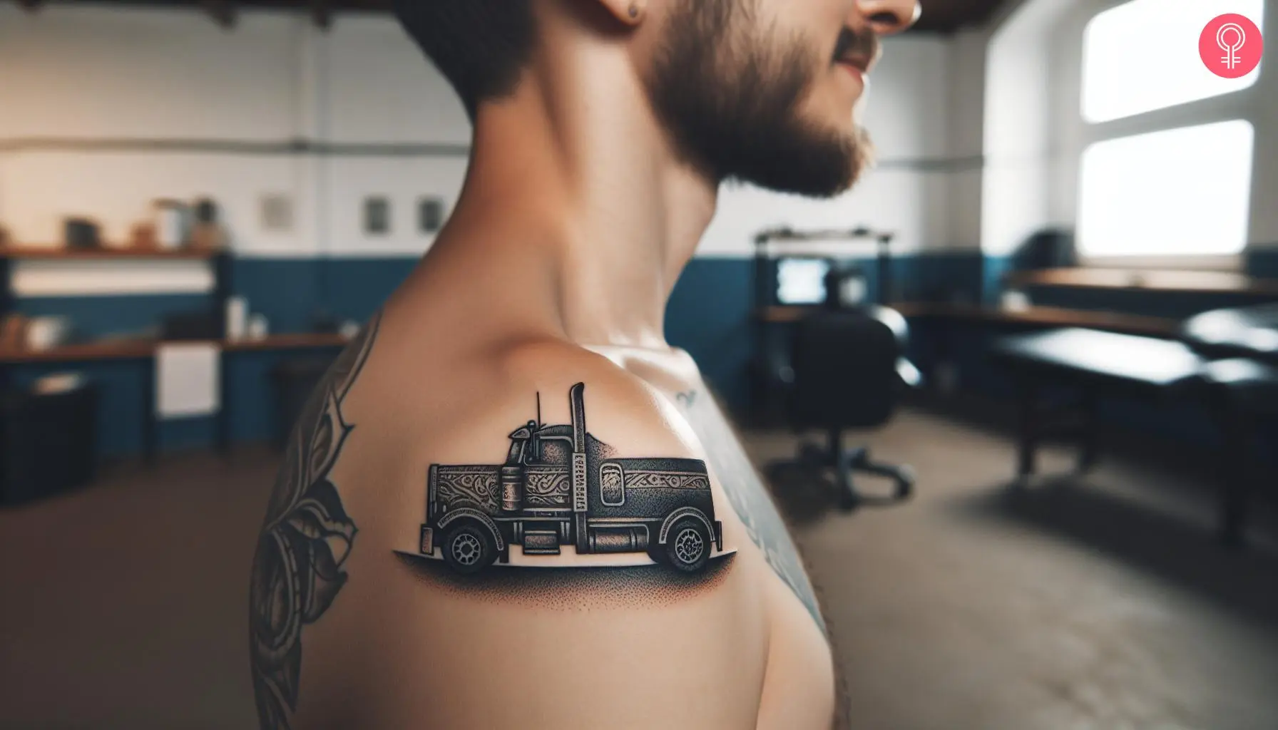 A man with a small semi truck tattoo on his shoulder