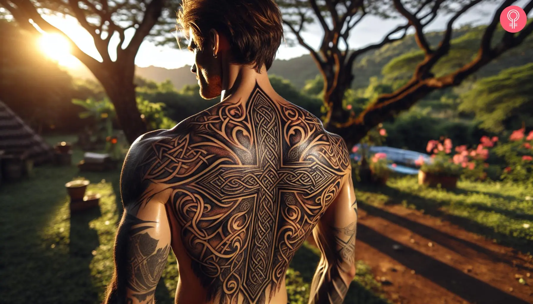 A man with a tribal cross tattoo on his back