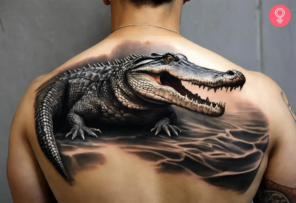 A man with an alligator tattoo on his back