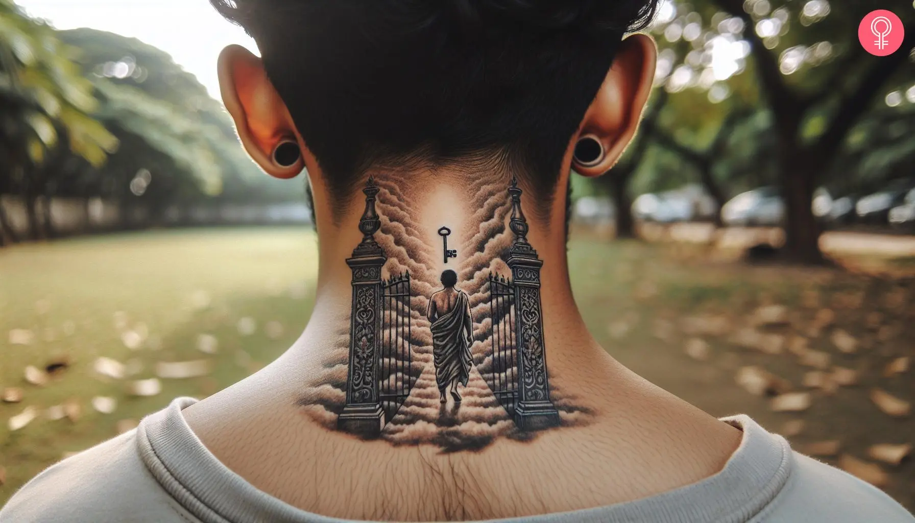 A man with gates of heaven tattooed on the nape of his neck