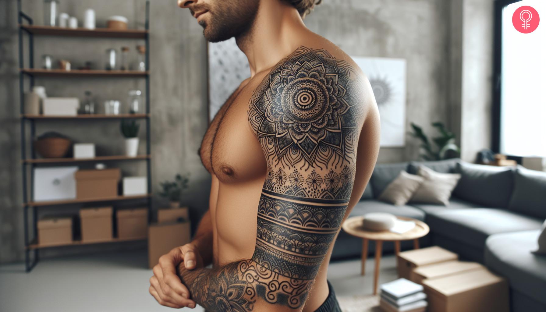 A mandala gap filler tattoo on a man's upper arm