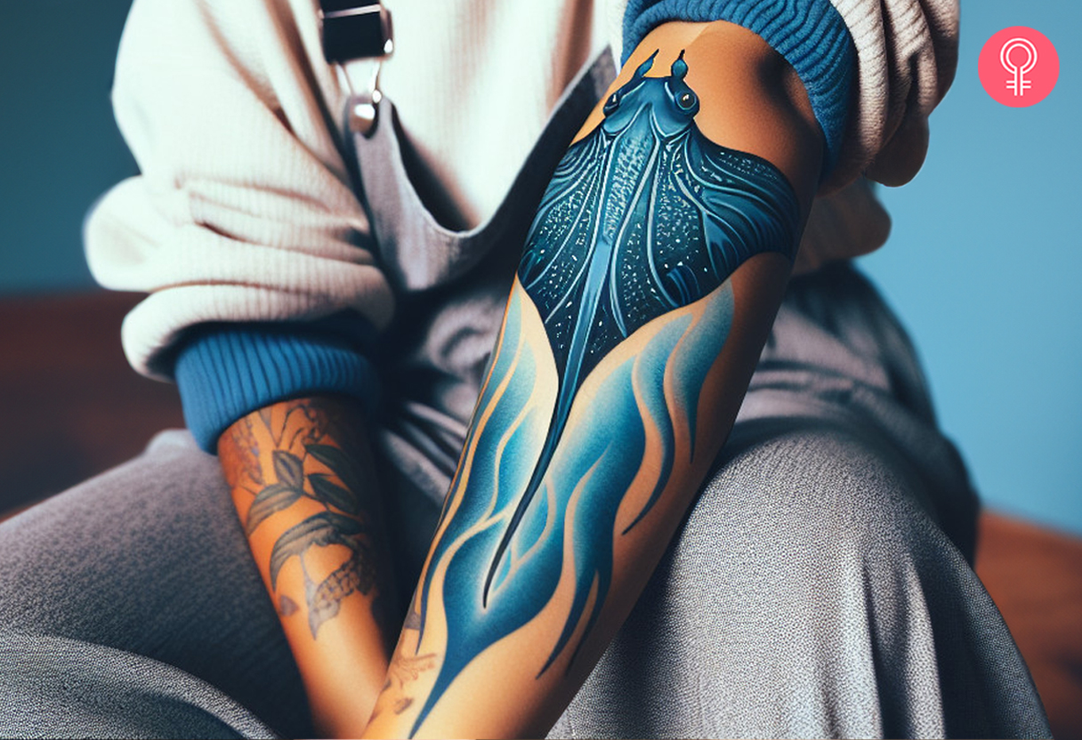 A manta ray tattoo in blue ink on a woman’s forearm