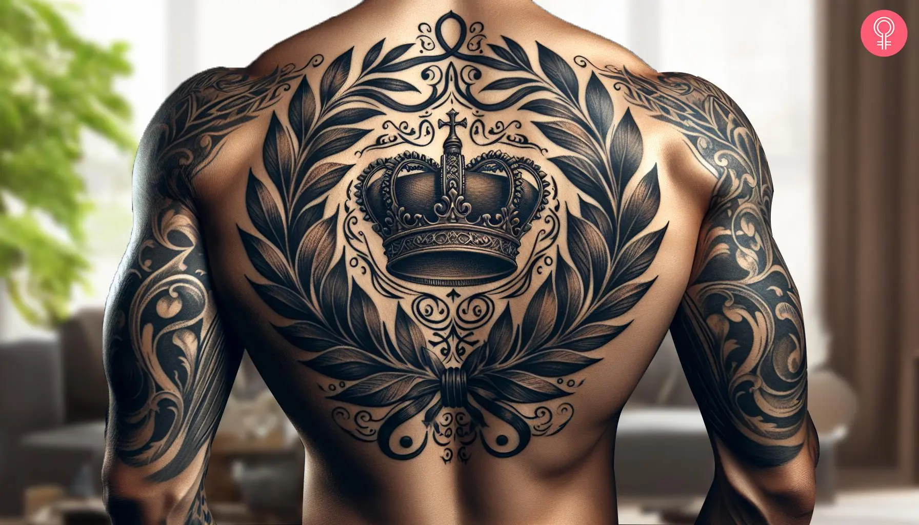 A masculine laurel wreath tattoo on a man’s back