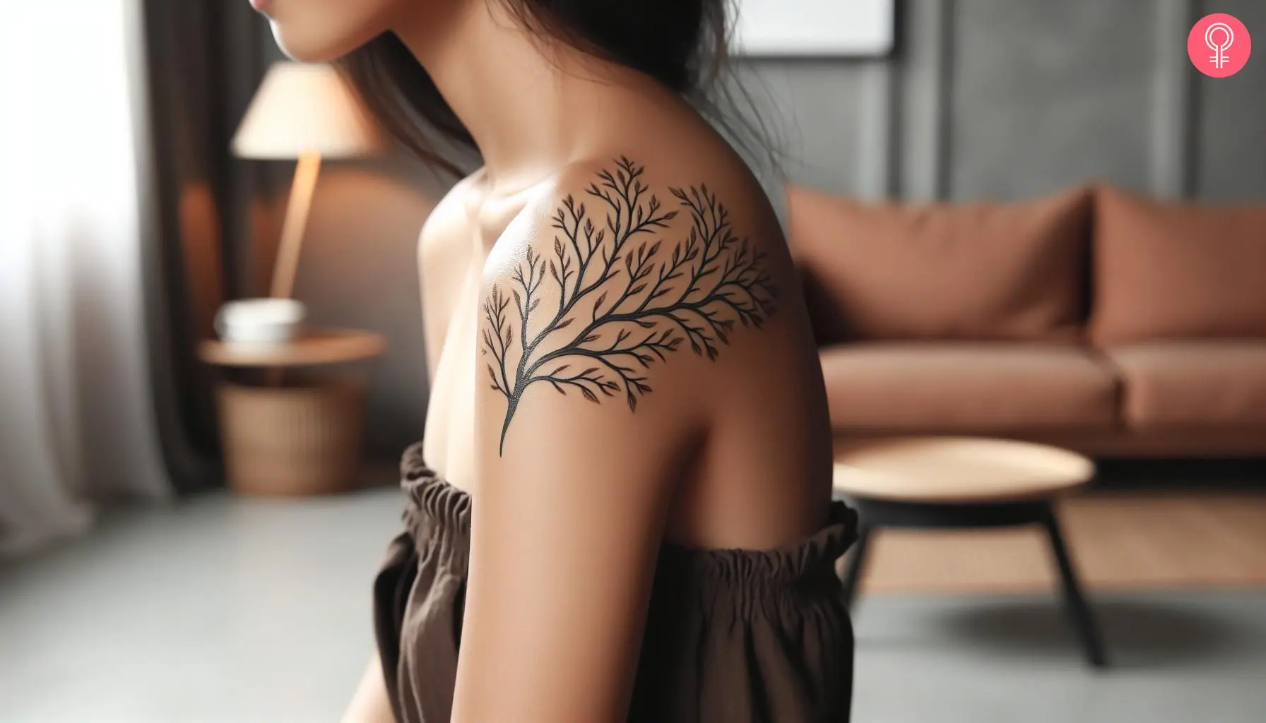 A medium size tree branch shoulder tattoo on a woman