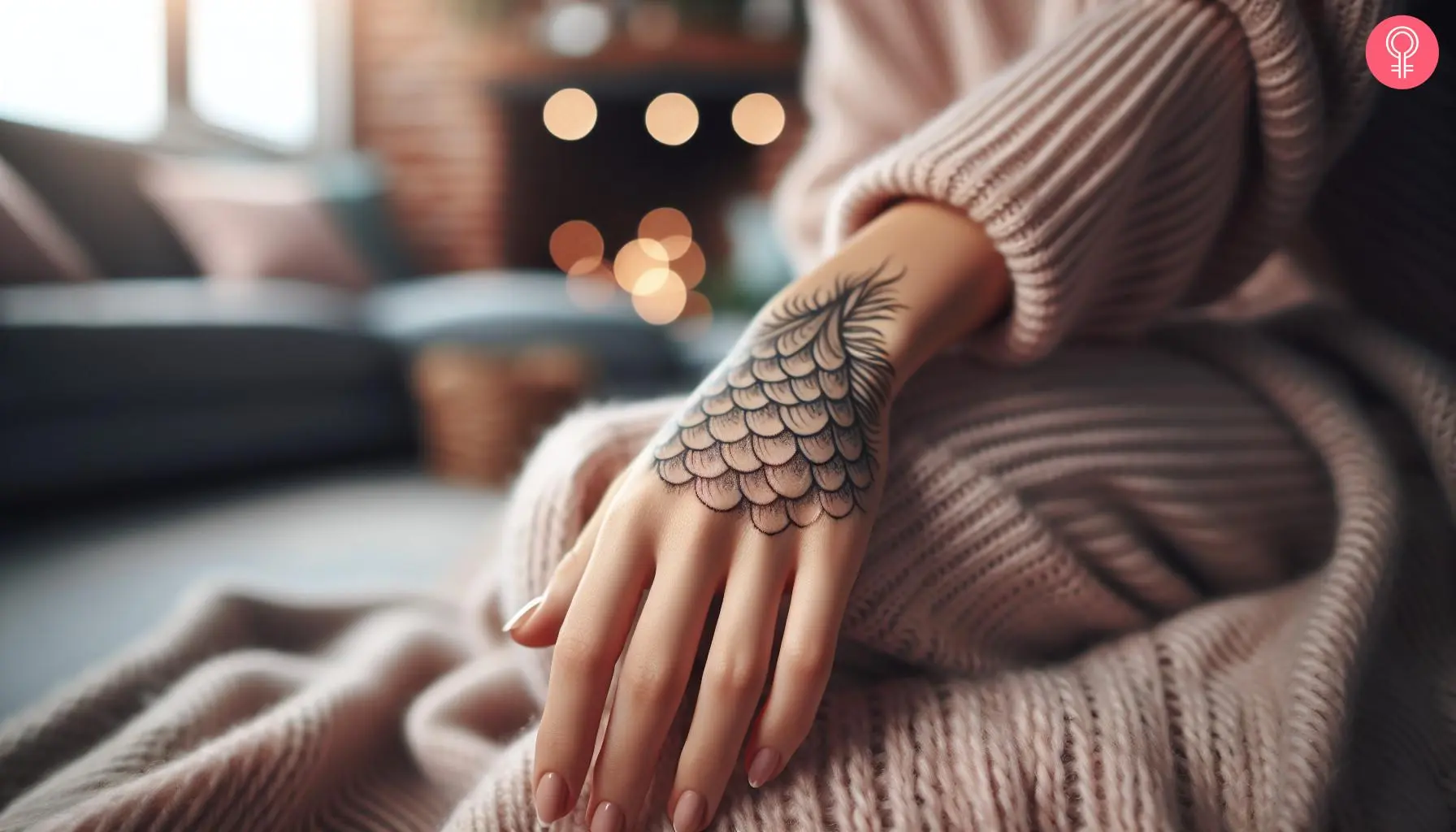 A mermaid scales outline tattoo on a woman’s hand