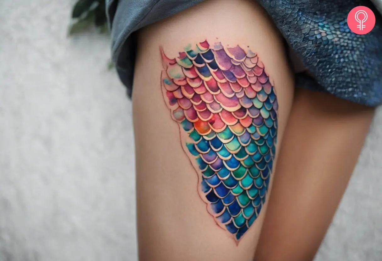 A mermaid scales tattoo on a woman’s thigh