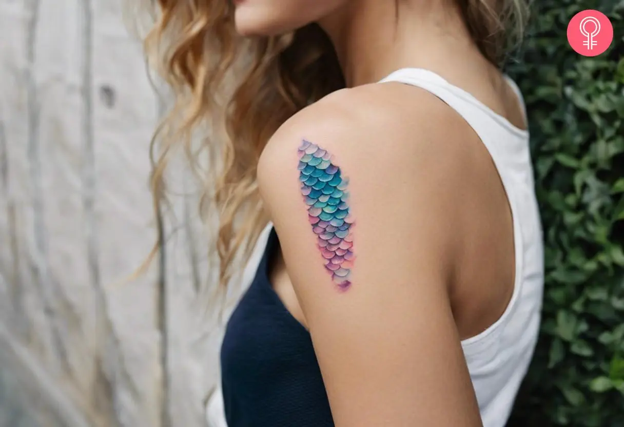 A mermaid scales tattoo on a woman’s upper arm