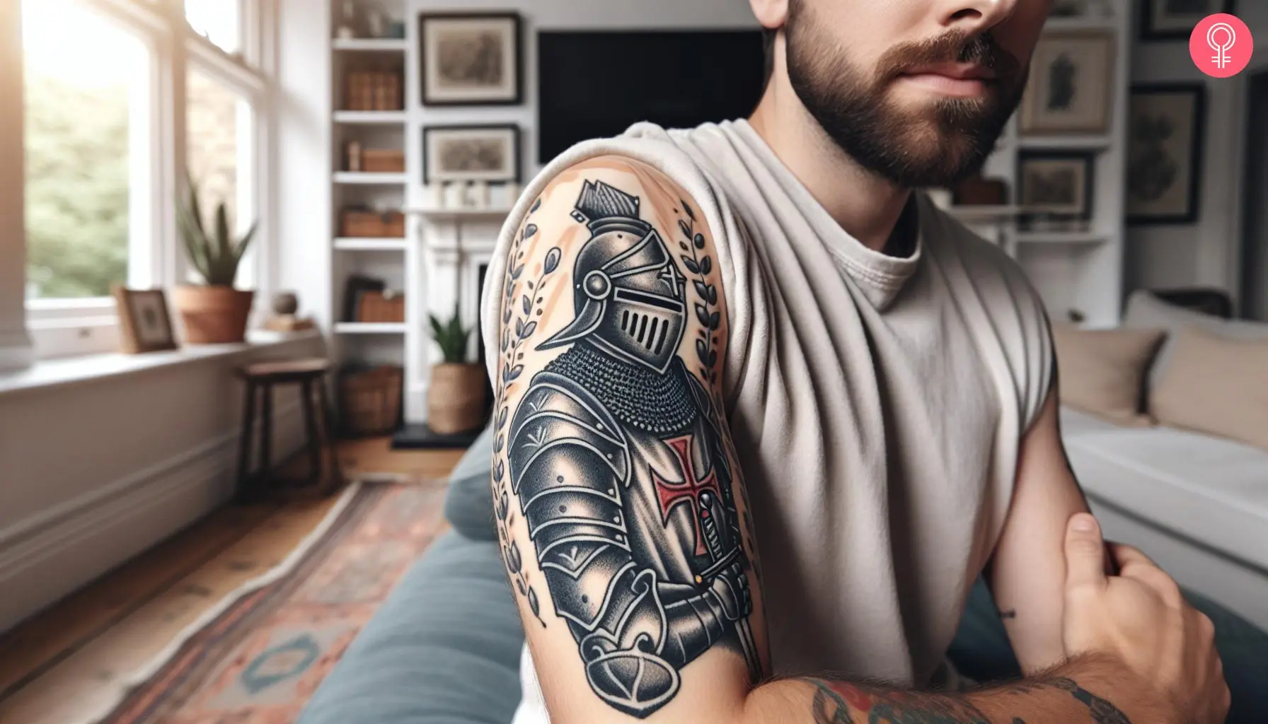 A military Crusader tattoo with detailed armor on the upper arm