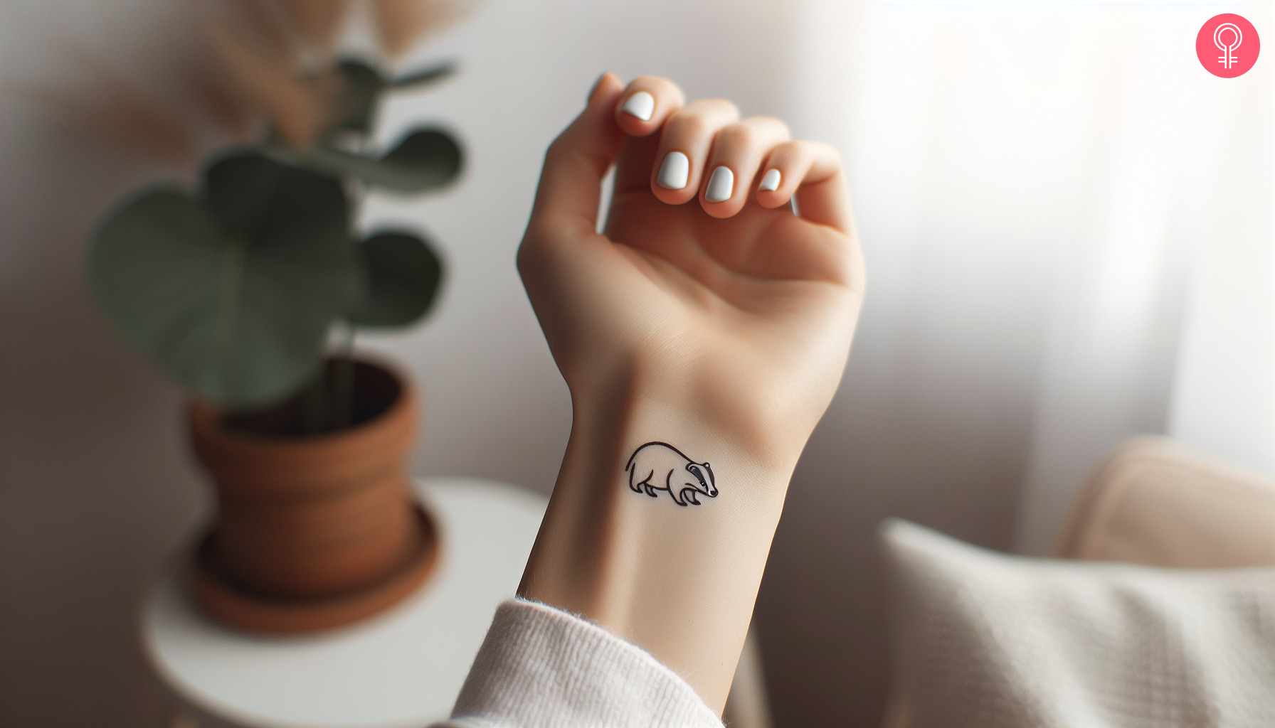 A minimalist Hufflepuff tattoo on the wrist of a woman