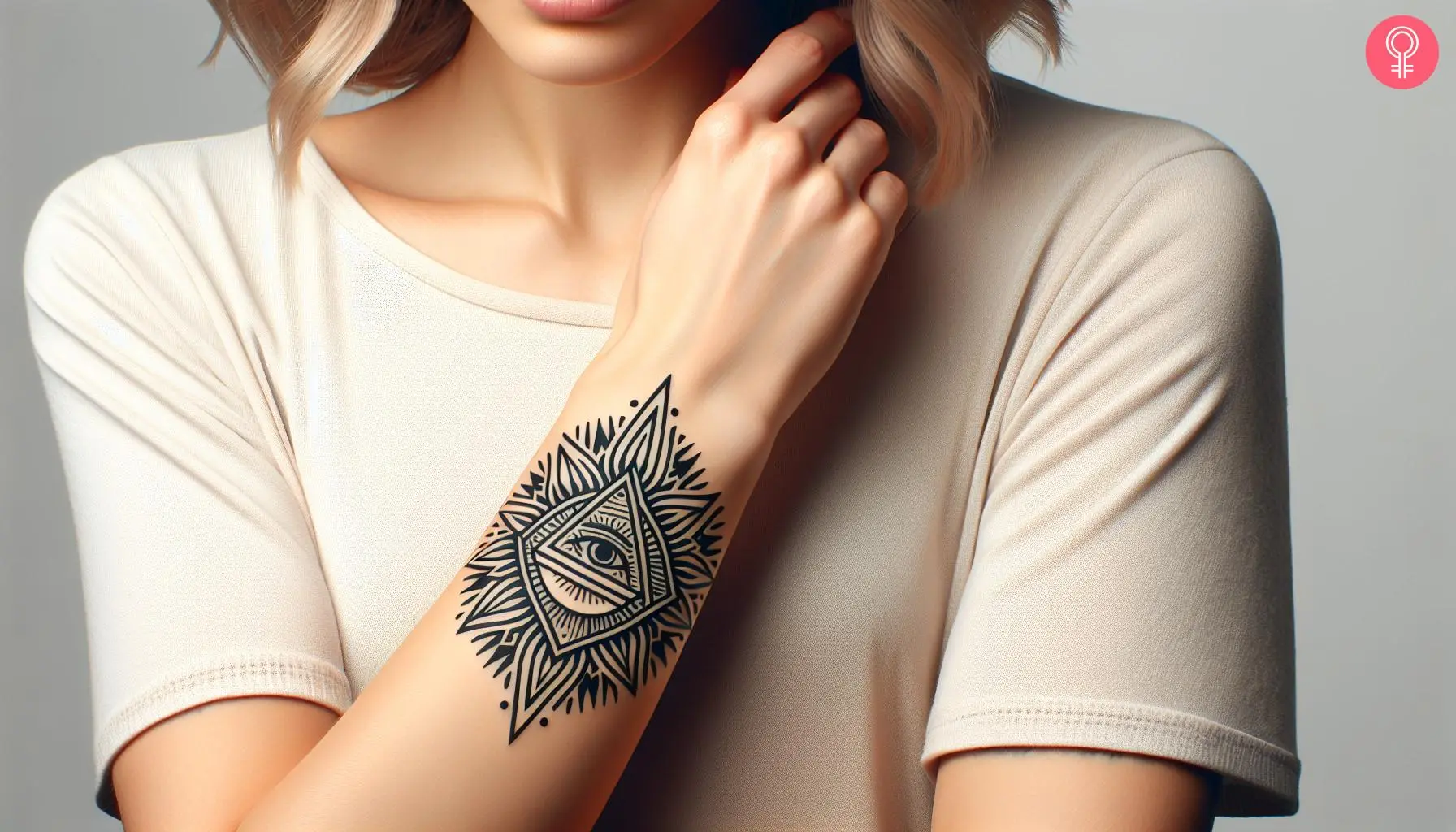 A minimalist Illuminati mandala tattoo on the forearm