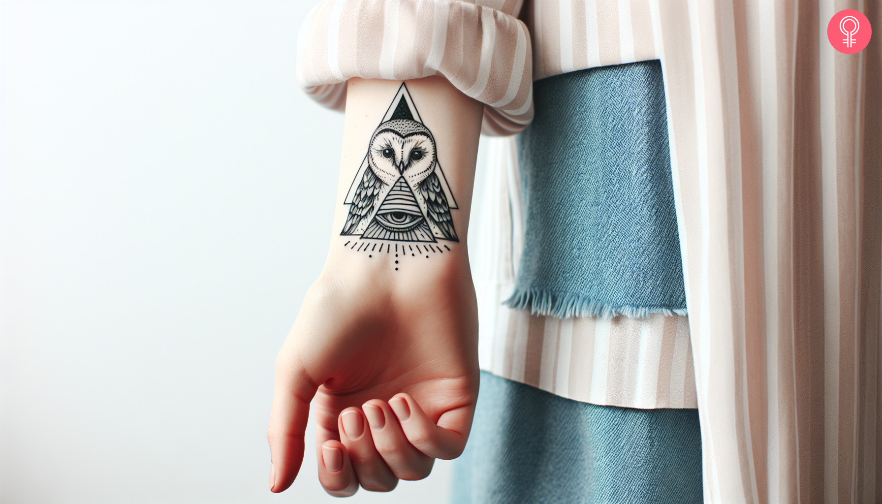 A minimalist Illuminati owl tattoo on the forearm